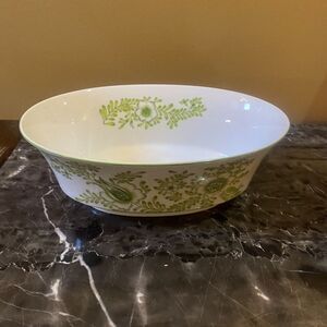 Green White Oval Floral Vintage Serving‎ Bowl Dish Unmarked